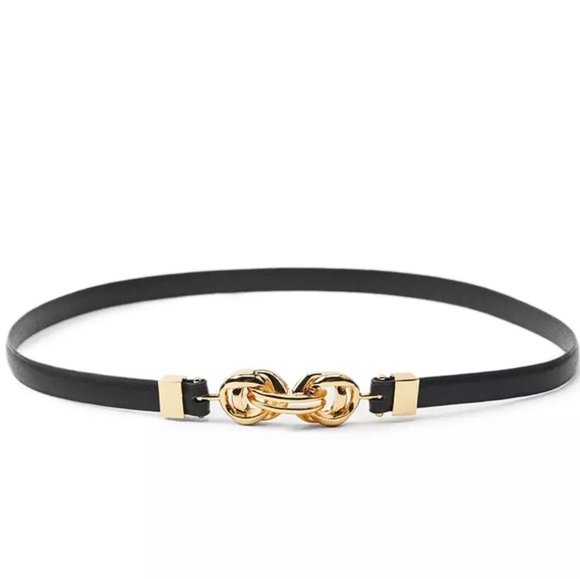 New Zara Belt 100% Cow Leather Thin Gold Metal Plated Buckle NWT 30 US/80 CM - Picture 1 of 7